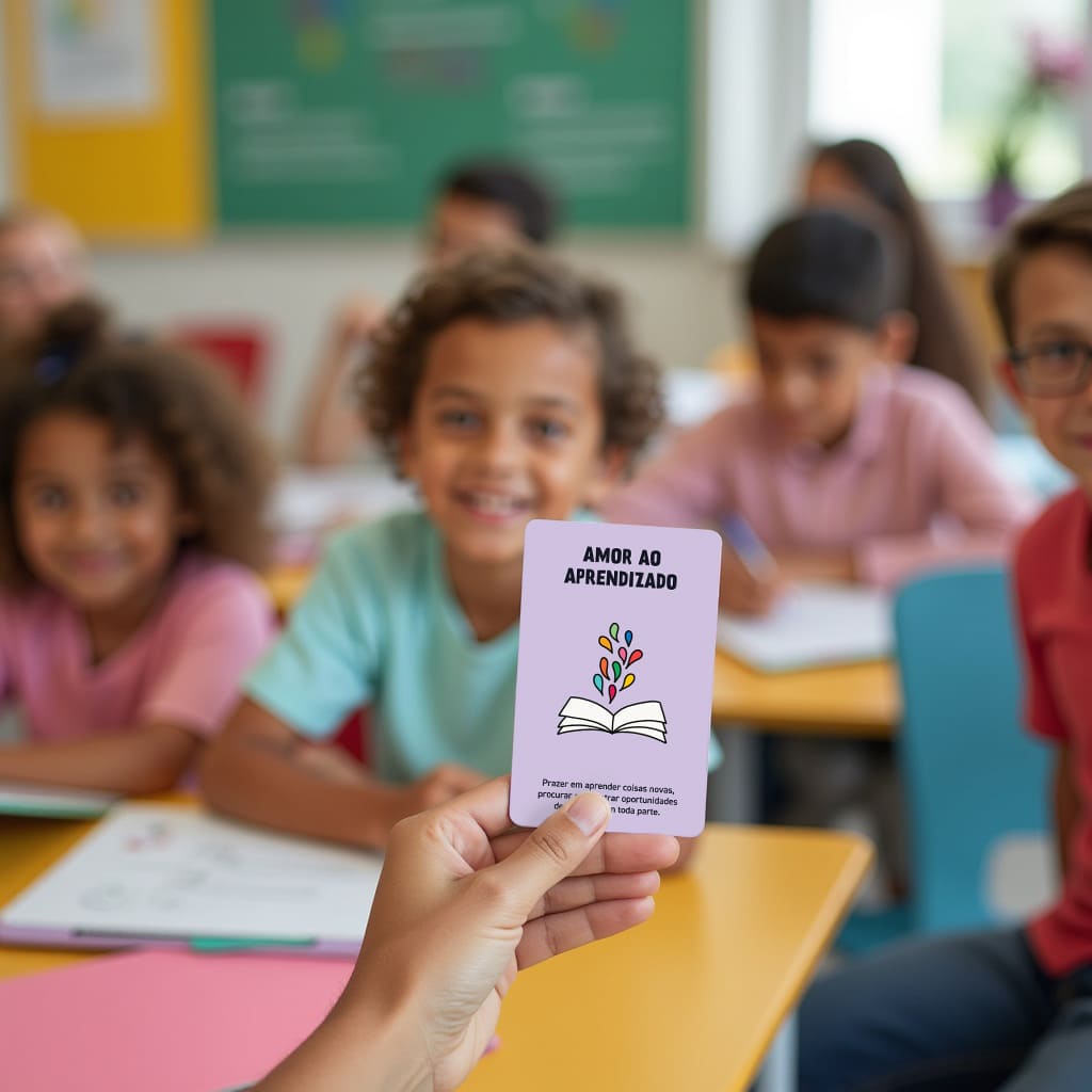 Professora mostrando a carta "Amor ao Aprendizado" do Baralho de Cartas "Eu Tenho a Força" para seus alunos.