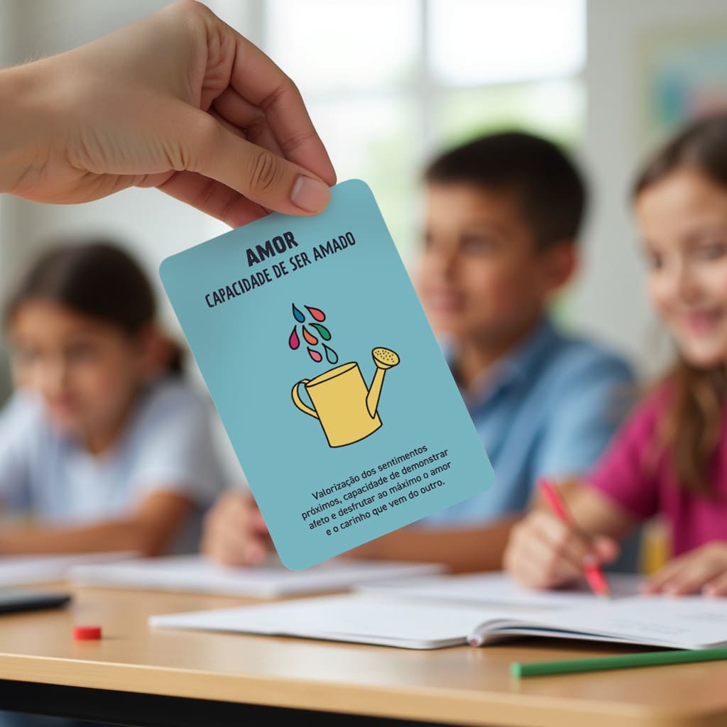 Professora mostrando aos alunos a carta "Amor" do Baralho de Cartas "Eu Tenho a Força".