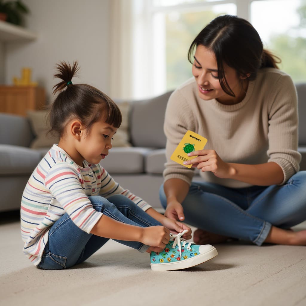 Mãe incentivando sua filha a amarrar os tênis mostrando a carta "Perseverança" do Baralho de Cartas "Eu Tenho a Força".