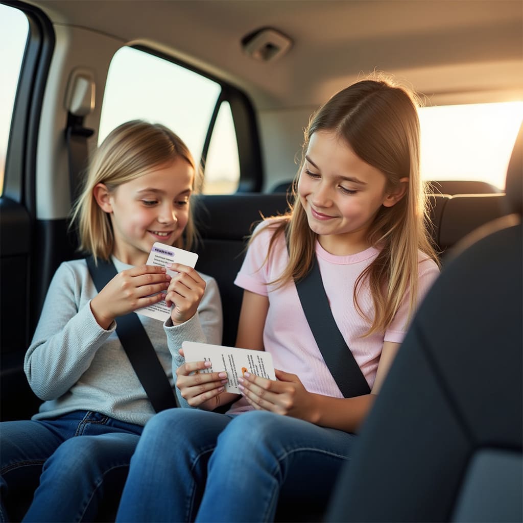 Duas irmãs dentro do carro olhando e lendo as cartas do Baralho de Cartas "Eu Tenho a Força".