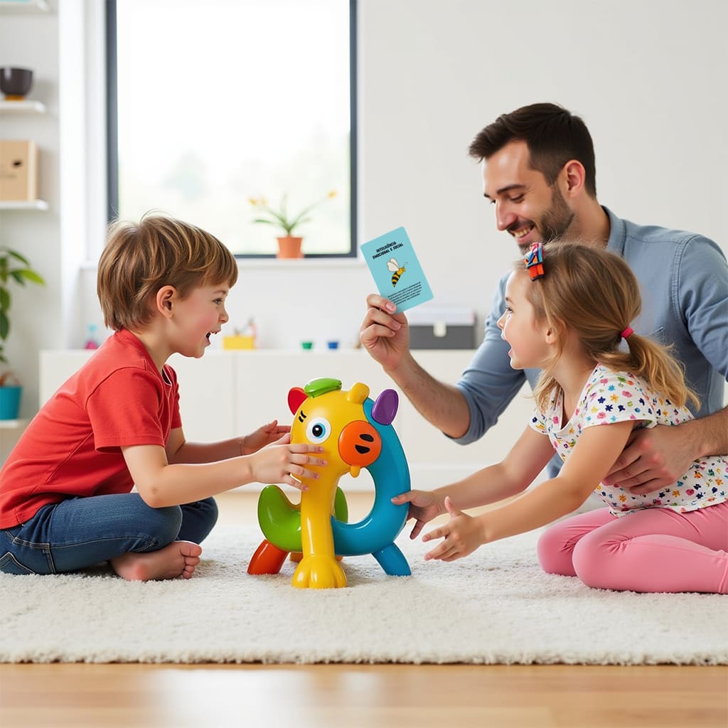 O pai com seus filhos brincando e mostrando a carta "Inteligência Emocional e Social" do Baralho de Cartas "Eu Tenho a Força".