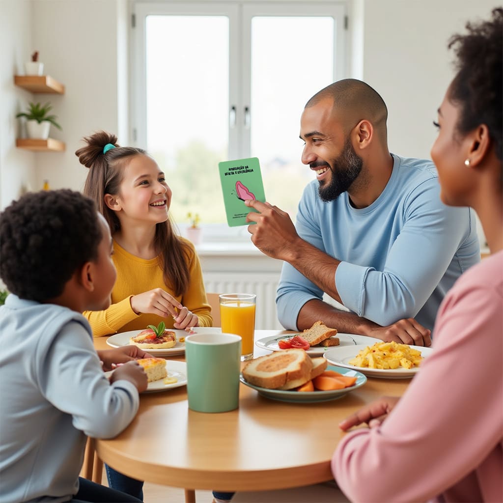 Família reunida ao redor da mesa de café da manhã, conversando sobre as Forças de Caráter e o pai mostra a carta "Apreciação da beleza e excelência" do Baralho de Cartas "Eu Tenho a Força".