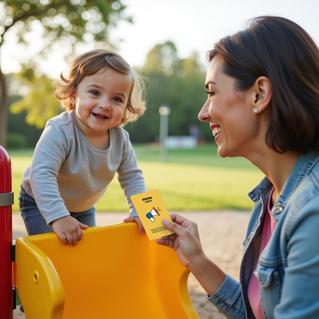 Mãe no parquinho com a sua filha e mostrando a carta da "Bravura" do Baralho de Cartas "Eu Tenho a Força".