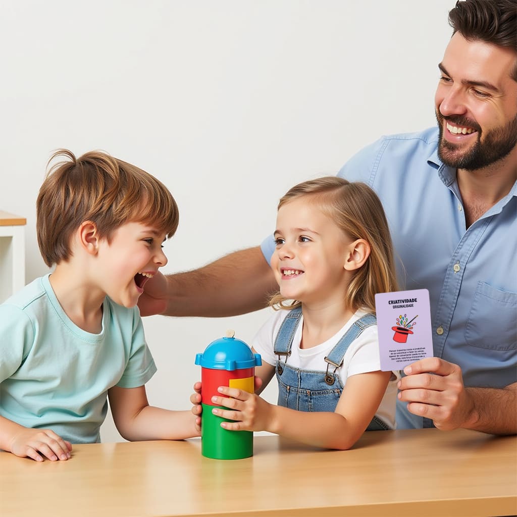 Um pai com seus filhos brincando e mostrando a carta "Criatividade" do Baralho de Cartas "Eu Tenho a Força".